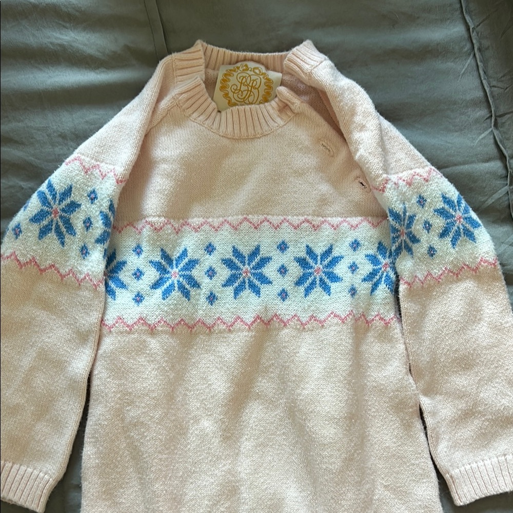 The Beaufort Bonnet Company Pink Knit One-Piece with Blue Snowflake Pattern 6/12